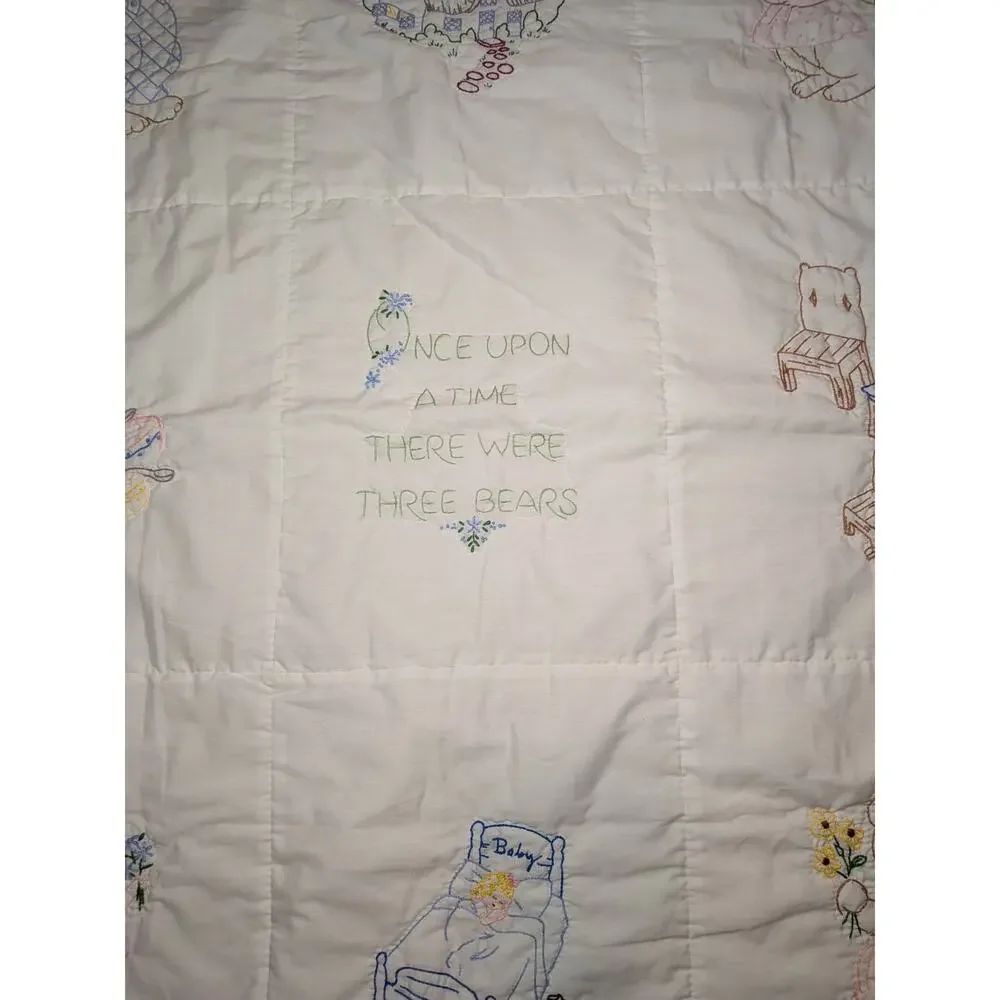 Vtg Hand-Embroidered Three Bears Baby Quilt Goldilocks Nursery Blanket 35
